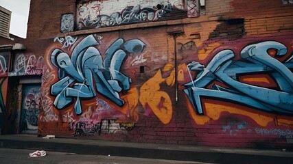 A gritty urban background of a graffiti-covered wall, showcasing vibrant street art, tags, and murals in a bustling city setting