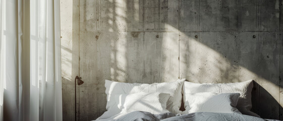 A cozy bedroom with soft white bedding, basking in gentle sunlight streaming through a window and highlighting the rustic concrete wall.