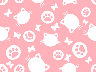 Seamless pattern with cat cartoons, paw prints and butterfly on pink background vector.