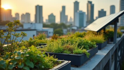 Fototapeta premium Urban garden with fresh herbs and plants, overlooking a city skyline at sunset, showcasing sustainability and green living.