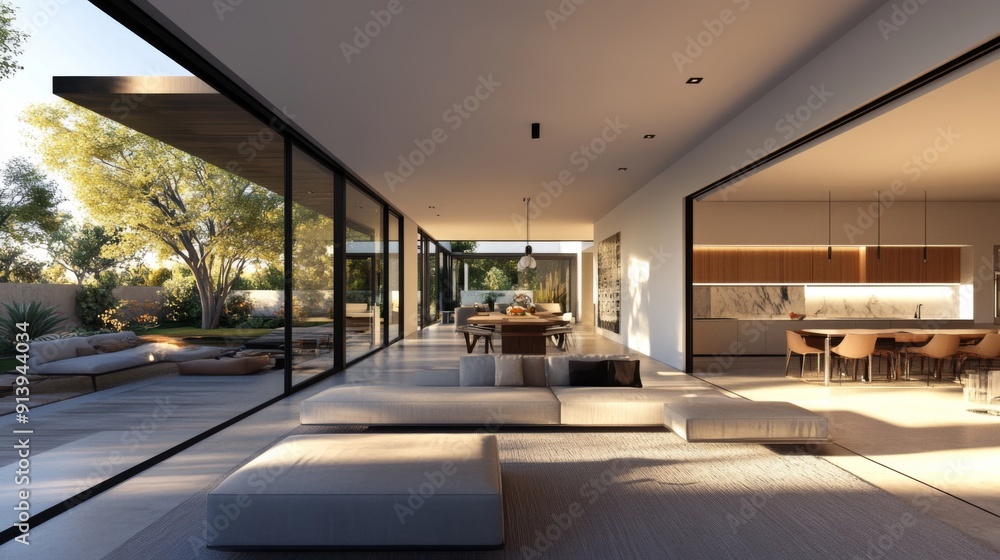 Poster minimalist modern home 3d rendering with a spacious open floor plan and outdoor patio.