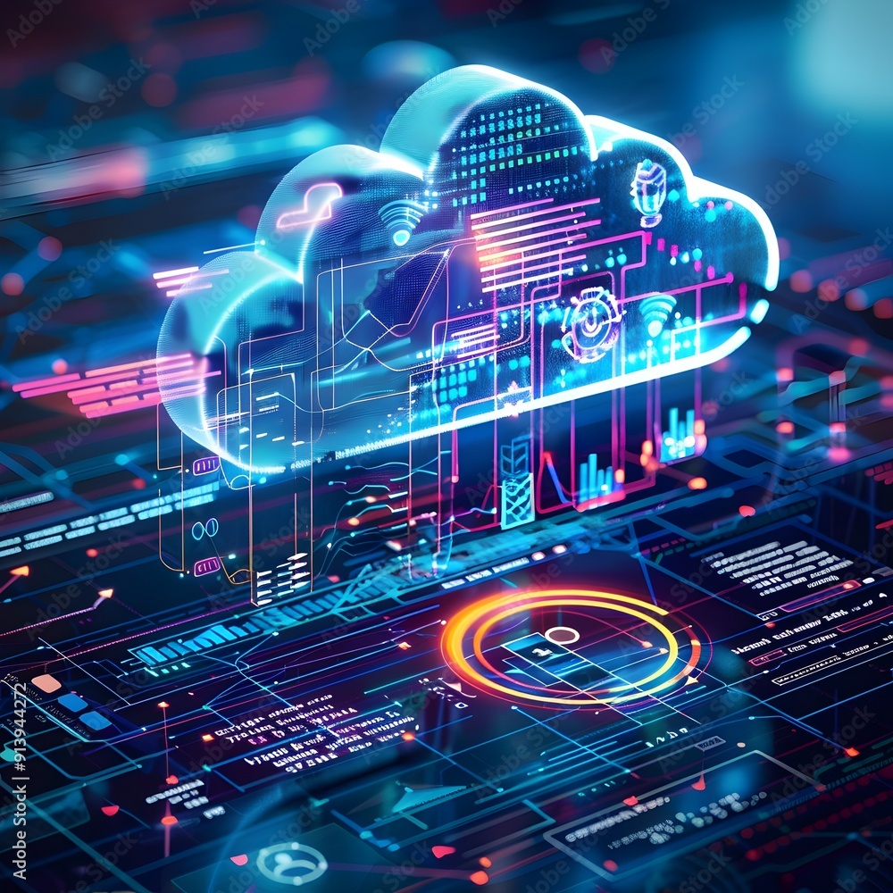 Poster cloud services and analytics interface modern technology concept for cloud computing and data visual