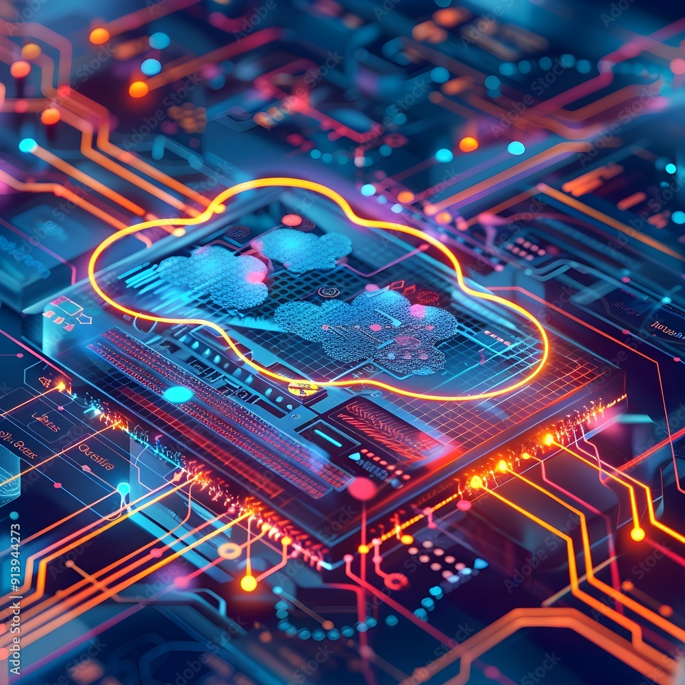 Poster futuristic cloud computing and analytics digital interface design concept