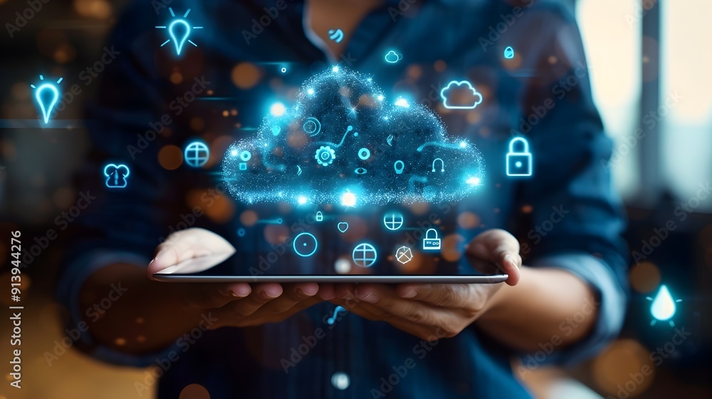 Poster hands holding tablet with cloud computing icons and seamless data access concept