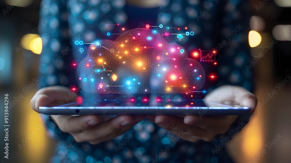 Poster hands holding tablet with cloud computing icons and seamless data access
