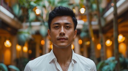 Fototapeta premium A confident man in a white shirt stands in a well-lit, plant-filled space with a relaxed yet focused expression.