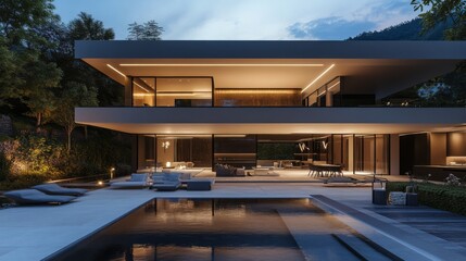 Obraz premium Minimalist modern home 3D rendering with a spacious open floor plan and outdoor patio.