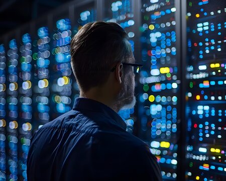 IT Professional Monitoring Cloud Servers and Digital Data Flow in Futuristic Computing Concept