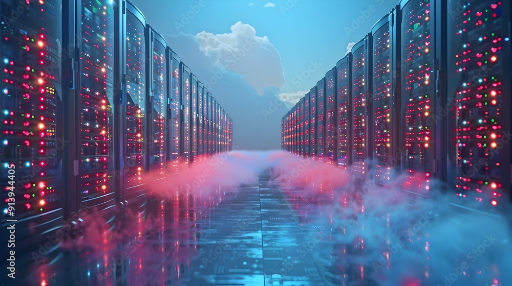 Poster futuristic it infrastructure with cloud servers digital data management and storage cloud computing 