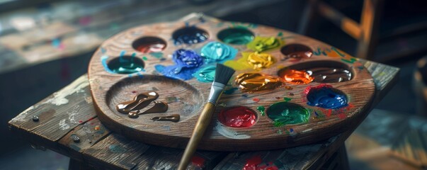 Fototapeta premium Wooden artistâ€™s palette with paints, 4K hyperrealistic photo