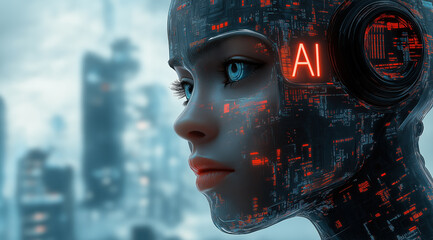 AI Artificial intelligence cyber. Futuristic AI abstract design, intricate circuitry pattern. AI Robot face, virtual human, virtual character, digital clone, machine learning. Realistic photo