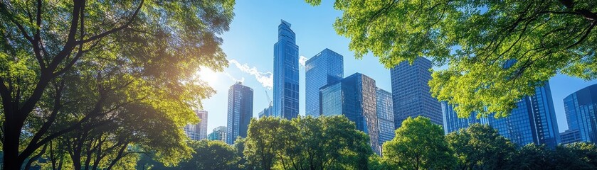 Fototapeta premium Urban park scene with trees and buildings 