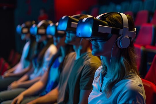 Group of people wearing VR virtual reality headset in Entertainment theater night club background