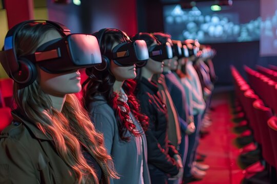 Group of people wearing VR virtual reality headset in Entertainment theater night club background