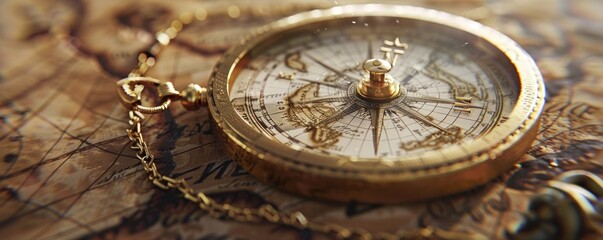 Vintage compass with a detailed map engraved on its face, 4K hyperrealistic photo