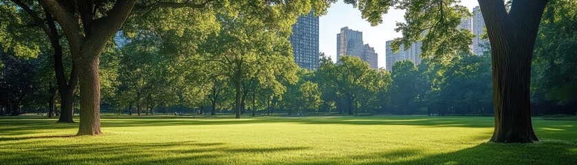 Urban park scene with trees and buildings 
