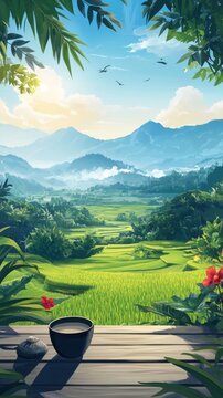 Serene Anime-Inspired Landscape: Morning Rice Field Vista with Mountain Backdrop and Animated Beverage. 4K Wallpaper Blending Agricultural Beauty, Tea Culture, and Creative Packaging Design for Immers
