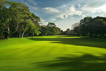 Obraz premium Scenic golf course with lush green grass and trees under a blue sky.