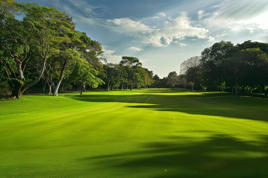 Scenic golf course with lush green grass and trees under a blue sky.