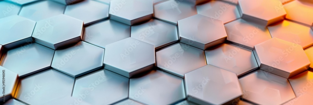Poster abstract geometric pattern of hexagonal shapes in blue and orange tones.
