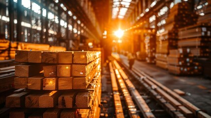 Warehouse stack of wooden planks ready for manufacturing processes in the near future