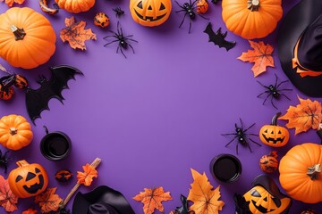 Happy Halloween holiday concept. Frame made of Halloween decor, pumpkins, spiders, bats, witch brooms, pots, hats on purple background. with generative ai