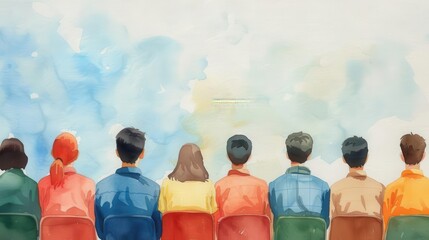 Outdoor school assembly voting, students seated in rows, organized election, Watercolor style