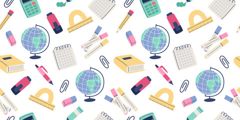 Back to school pattern. Cute school supplies. Vector illustration in flat style