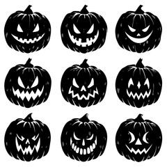 Obraz premium A collection of black and white pumpkins featuring various faces on them