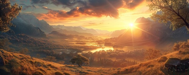 Obraz premium Sunset over a serene valley, 4K hyperrealistic photo