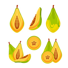 Papaya set, pawpaw. Papaya whole and in half