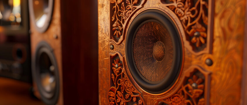 Close-up of an elaborately carved wooden speaker, showcasing intricate designs and craftsmanship.