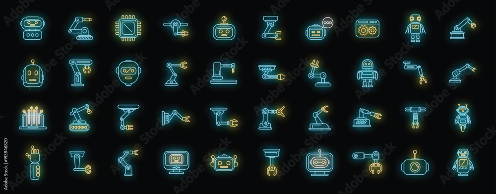 Aufkleber robotics icons set outline vector. smart tech. bot future neon color on black