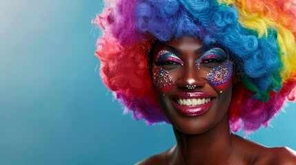 Fototapeta premium Smiling woman with rainbow afro wig and colorful makeup