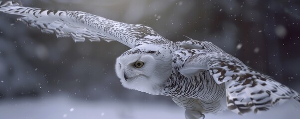 Fototapeta premium Striking snowy owl in flight, 4K hyperrealistic photo