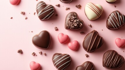 Fototapeta premium Chocolate candies and hearts on pink 