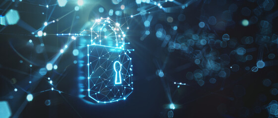 A digital padlock glows amidst interconnected network lines, symbolizing advanced cybersecurity measures.
