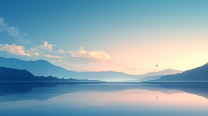 Fototapeta premium Serene Sunrise on Lakeside with Misty Water and Mountain View, Copy Space for Text Placement