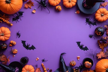 Obraz premium Happy Halloween holiday concept. Frame made of Halloween decor, pumpkins, spiders, bats, witch brooms, pots, hats on purple background. with generative ai