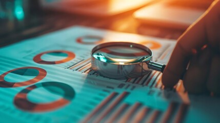 Magnifying glass examining financial charts and graphs.