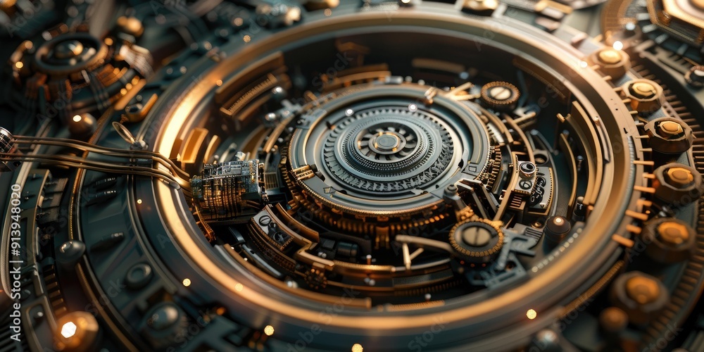 Poster complex intricate metallic clockwork mechanism.