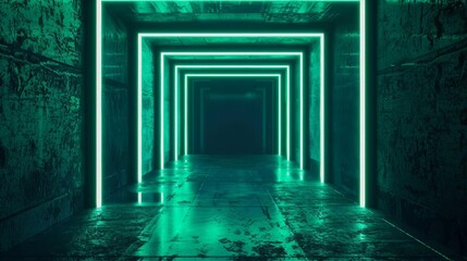 Fototapeta premium Abstract futuristic hallway with glowing neon green lights.