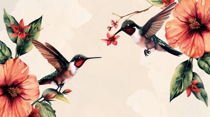 Two hummingbirds in flight near blooming hibiscus flowers.