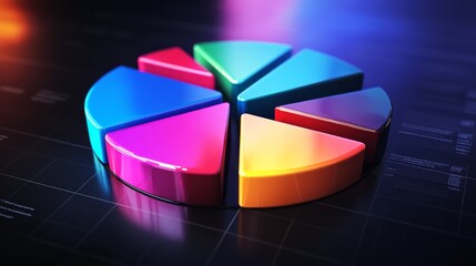 Fototapeta premium Radiant 3D financial pie chart with glowing segments in vibrant colors, illustrating market share.