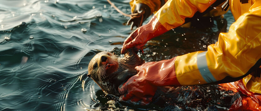 People dressed in bright yellow gear treat a sea otter gently in the ocean, highlighting a rescue mission in progress.
