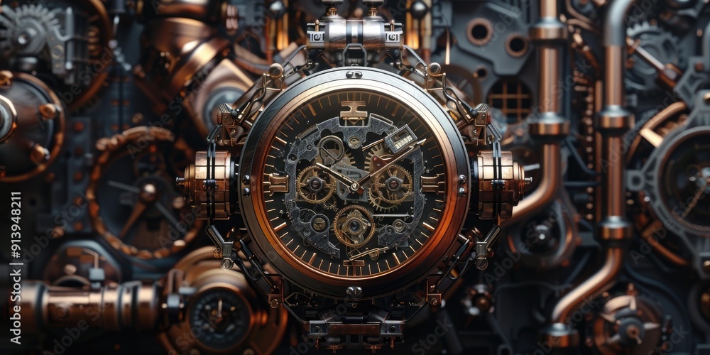Poster steampunk clock with intricate gears and mechanisms.