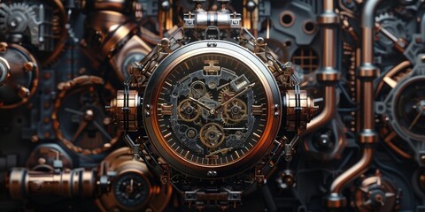 Fototapeta premium Steampunk clock with intricate gears and mechanisms.