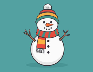 Vector drawing of a snowman wearing scarf and pot as a hat 
