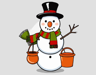 Vector drawing of a snowman wearing scarf and pot as a hat 
