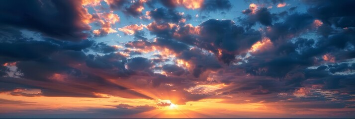 Naklejka premium Dramatic sunset sky with clouds in shades of orange, blue and purple